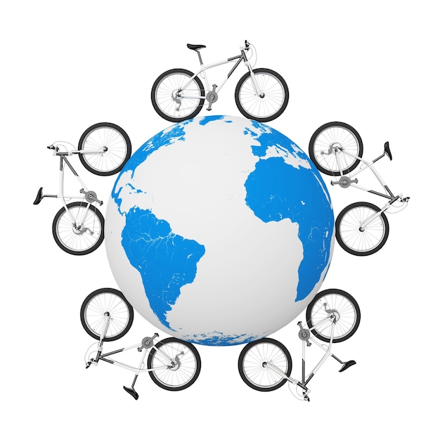 Foto zwart-wit mountainbikes over earth globe op een witte achtergrond. 3d-rendering