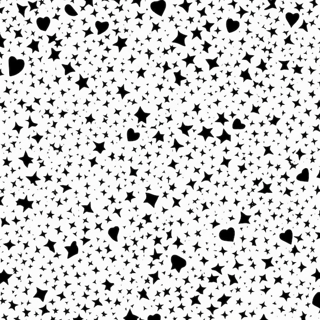 Zwart-wit naadloos patroon met hartjes en sterren.