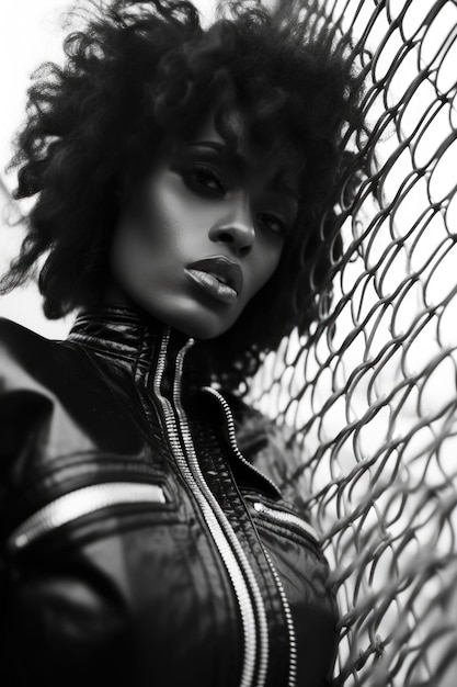 Zwart-wit portret van Afro-Amerikaanse vrouw in zwart kattenleer jasje tegen gaas hek close-up