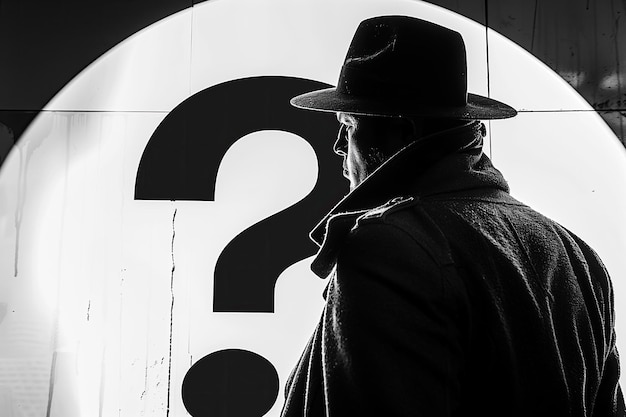 Foto zwart-wit portret van een man in een hoed en jas met een vraagteken op de muur