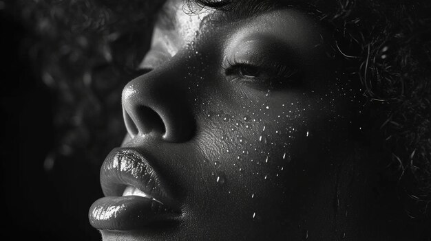 Zwart-wit portret van een mooie Afro-Amerikaanse vrouw met natte huid