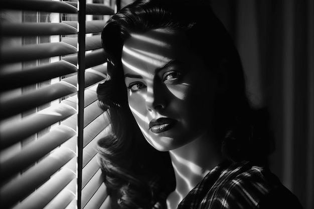 Zwart-wit portret van een vrouw in de stijl van films in noir bij raam met licht door jaloezieën Generatieve AI