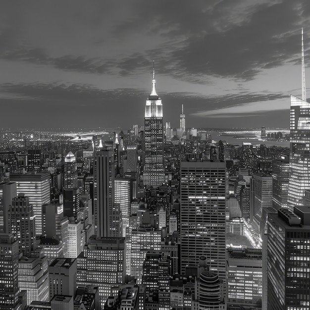 Zwart-wit stadsbeeld van New York City's nachts