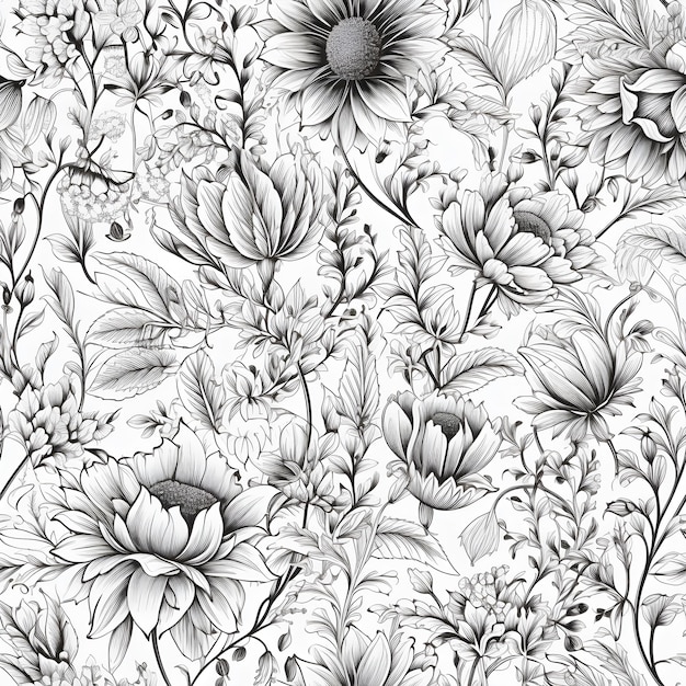 Zwart-wit tekening van een bloem.