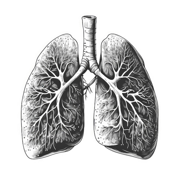 Zwart-wit tekening van een menselijke longen