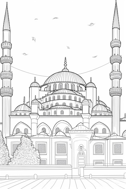 Zwart-wit tekening van een moskee in istanbul.