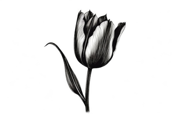 Zwart-wit tekening van een tulp op een witte achtergrond.