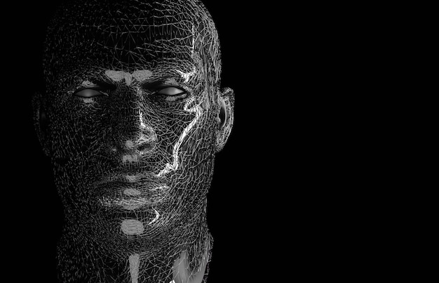 Zwart-wit vooraanzicht abstract menselijk gezicht 3d-weergave van een cyborg hoofd constructie kunstmatige intelligentie concept