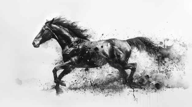 Foto zwart-wit waterverf lopend paard op witte achtergrond