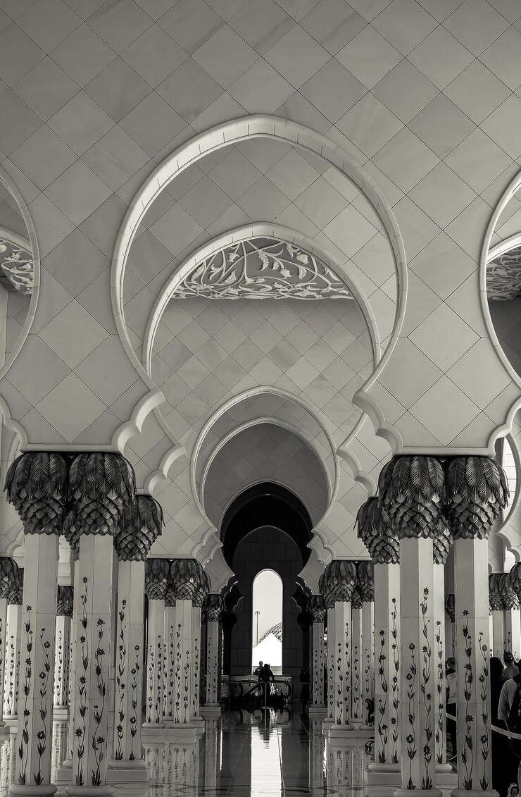 Zwart-wit weergave van Sheikh Zayed Grand Mosque in Abu Dhabi, Verenigde Arabische Emiraten