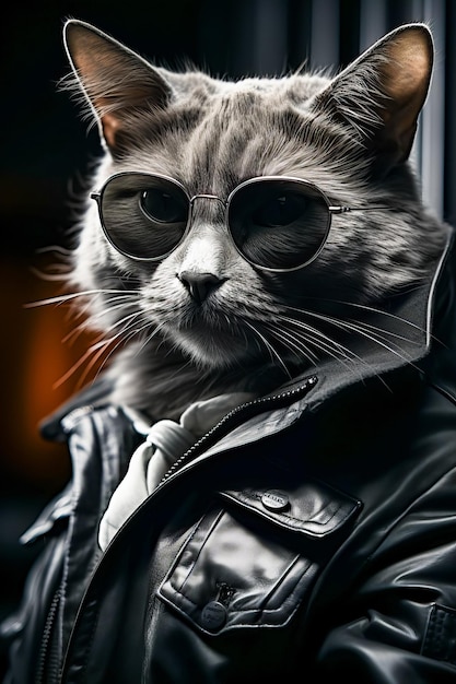 Zwart-witfoto van een kat die een leren jas draagt Genatieve AI