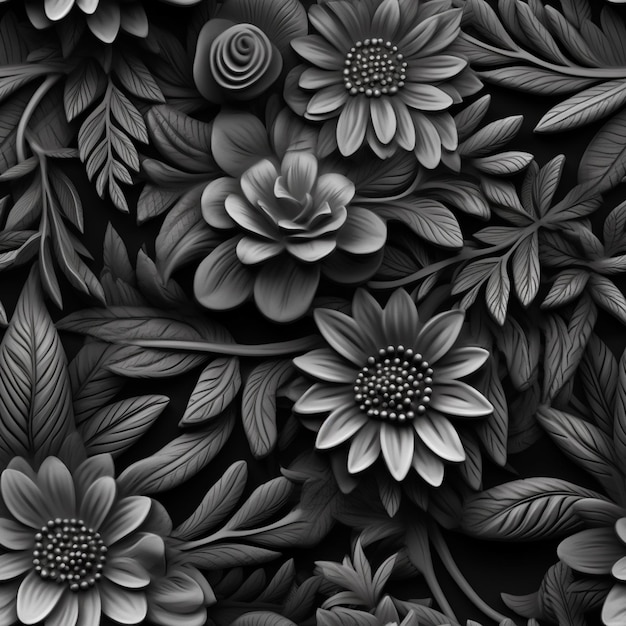Zwart-witte bloemen met bladeren en wervelingen erop generatieve ai