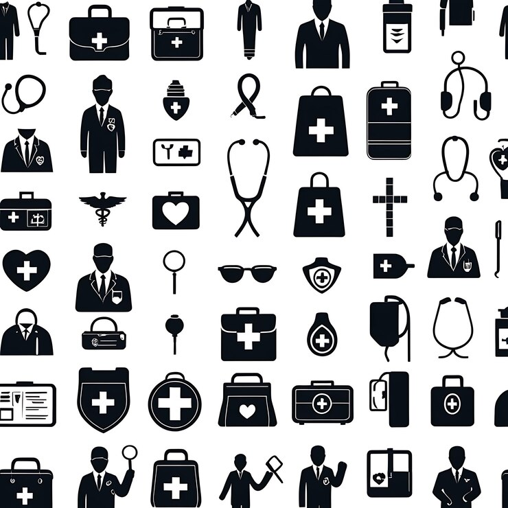Foto zwart-witte iconen die verschillende medische professionals en medische symbolen vertegenwoordigen