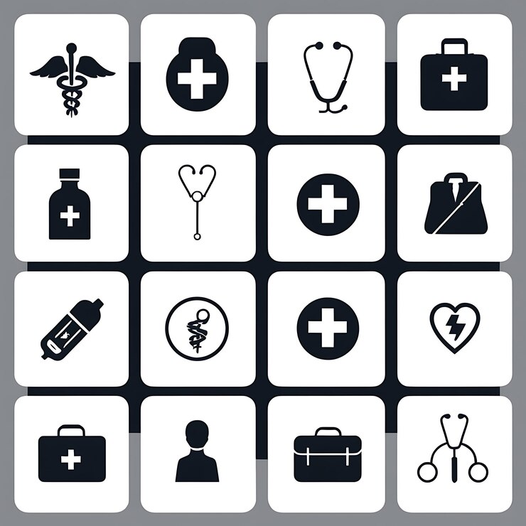 Foto zwart-witte iconen die verschillende medische professionals en medische symbolen vertegenwoordigen