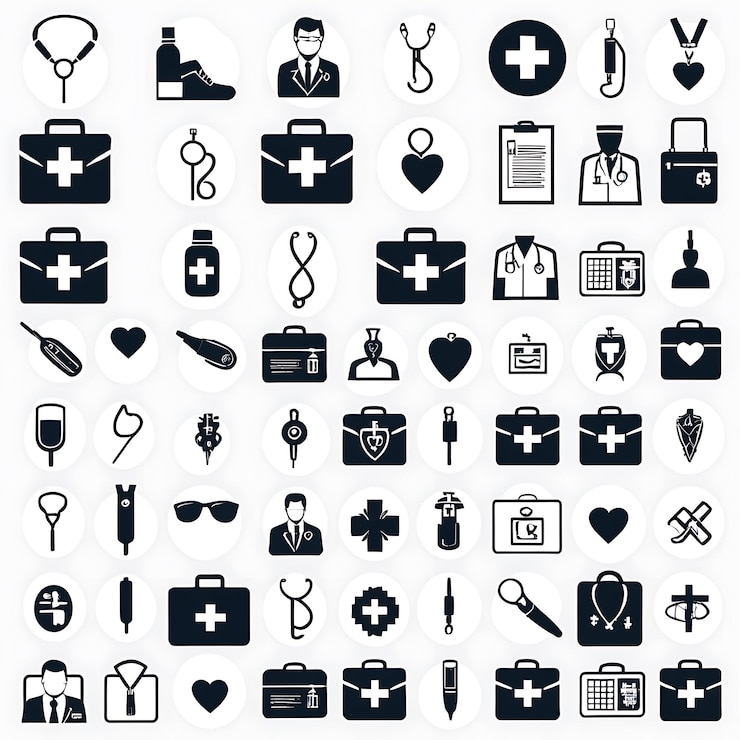 Foto zwart-witte iconen die verschillende medische professionals en medische symbolen vertegenwoordigen