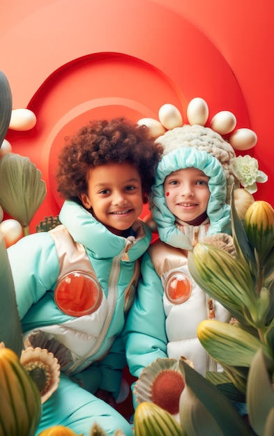 Zwart-witte kinderen poseren in heldere kleurrijke kleding Interraciale vrolijke achtergrond
