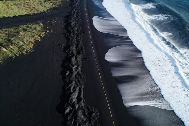 Zwart zand in de buurt van blauw helder water strand reisbestemming luchtfoto behang Generative Ai