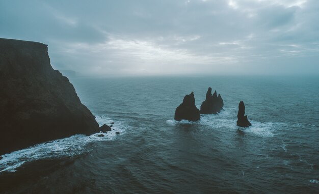 Zwart zandstrand, en basaltachtige rotsen in de oceaan in IJsland