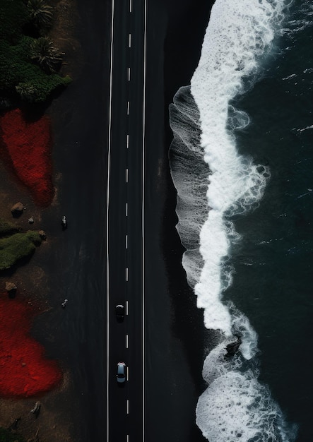 Zwart zandstrand met weg en rode auto op reisvakantiebehang Generatieve Ai