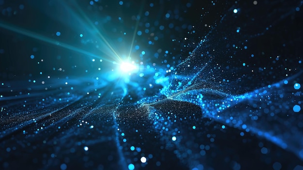 Zwartblauwe tech futuristische gloeiende stralen met flikkerende deeltjesachtergrond