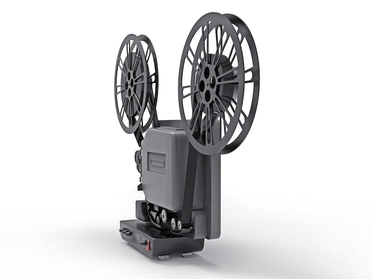 Foto zwarte 3d bioscoop filmprojector geïsoleerd op een witte achtergrond. 3d-rendering.
