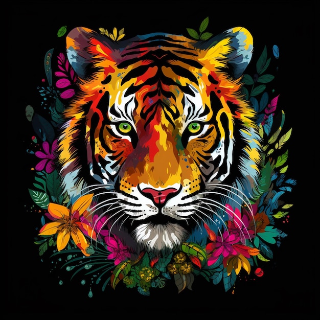 Foto zwarte achtergrond abstracte kleurrijke verf sundanese tijger generatieve ai