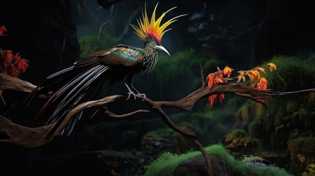 Foto zwarte achtergrond abstracte stijl garuda vogel de tak het tropische bos generatieve ai