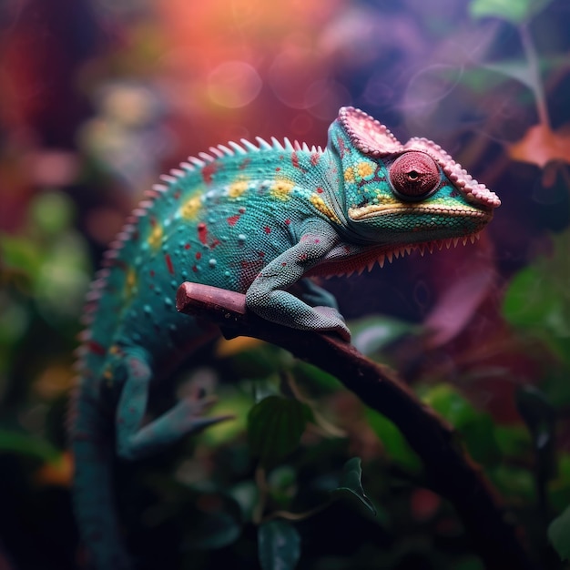 Zwarte achtergrond van een kleurrijke kameleon hyperdetailed generatieve ai