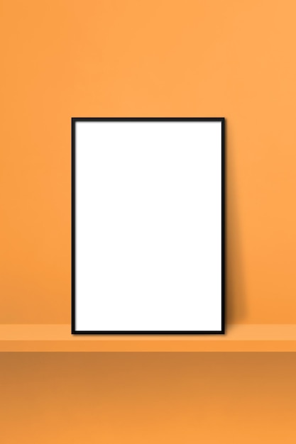 Zwarte afbeeldingsframe leunend op oranje plank 3d illustratie Lege mockup sjabloon Verticale background