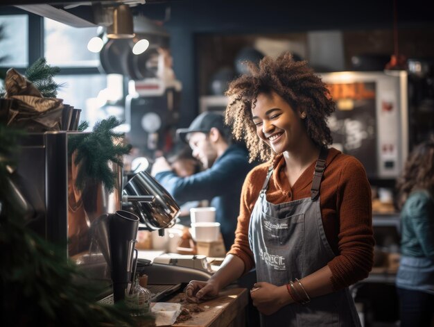 Foto zwarte afrikaanse barista die in de koffieshop werkt met kerstmis