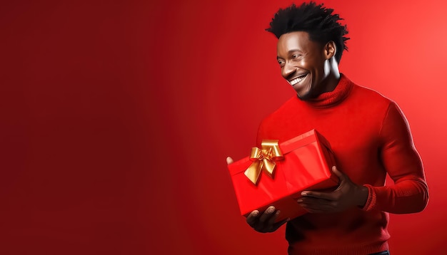 Zwarte Afrikaanse man met rood cadeau op de achtergrond Valentijnsdag concept