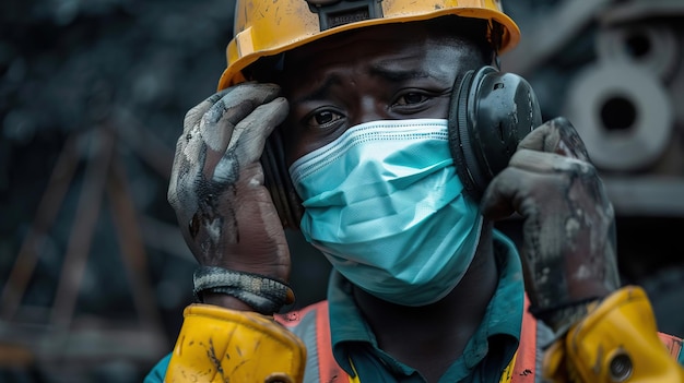 Zwarte Afrikaanse voorman van een kolenmijn die na het werk een covid-masker draagt