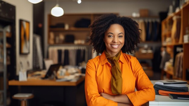 Foto zwarte afrikaanse vrouw glimlacht in haar winkel kleine bedrijfseigenaar