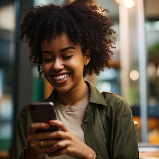 Zwarte Afrikaanse vrouw glimlacht op haar mobiele telefoon