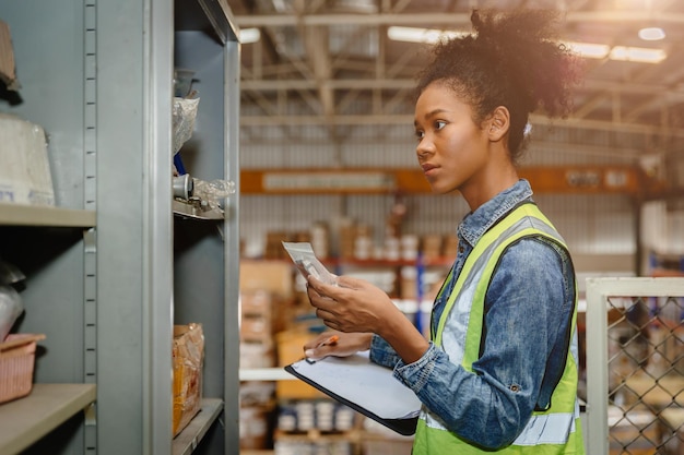 Zwarte afrikaanse vrouwen magazijnmedewerker beheren fabrieksproducten goederen en verzending naar klant