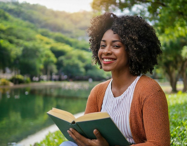 Zwarte Afro-Amerikaanse vrouw geniet van een rustige middag in het plaatselijke park bij het lezen van een boek ontspanning