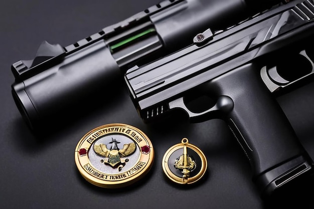 Zwarte airsoft geweren en soldaat badge op de zwarte platte achtergrond