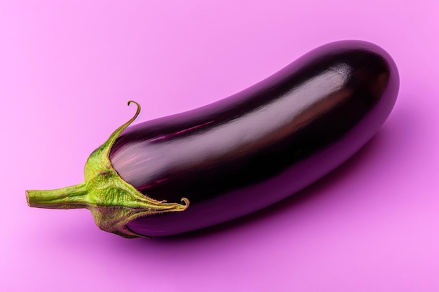Zwarte aubergine met groene dop op een paarse achtergrond Veganistisch dieet gezond biologisch voedsel groenten koken en voedsel bereiden ingrediënten vitamines oogstconcept