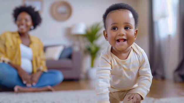 Zwarte baby doet zijn eerste stappen thuis met zijn moeder.