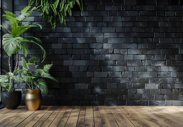Zwarte bakstenen muur en houten vloer met 3D-rendering van planten