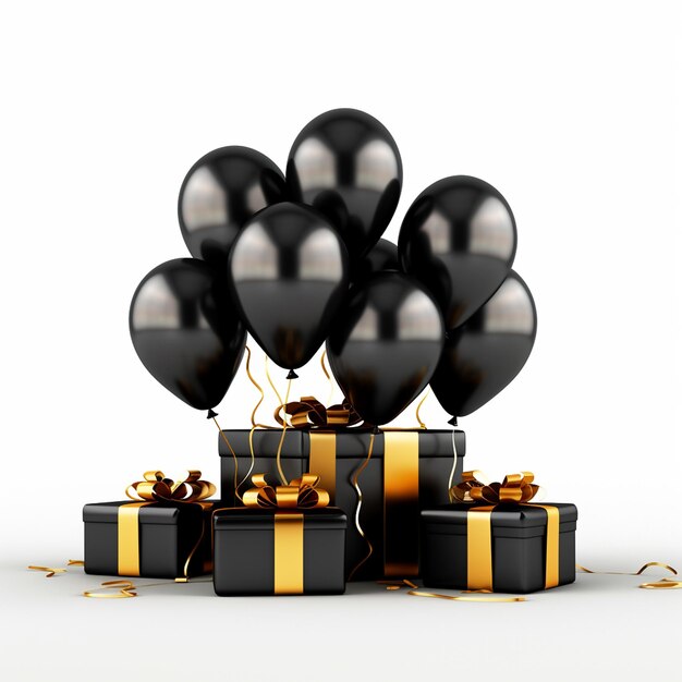 Zwarte ballonnen met cadeau doos Gelukkige verjaardag poster element generatieve ai