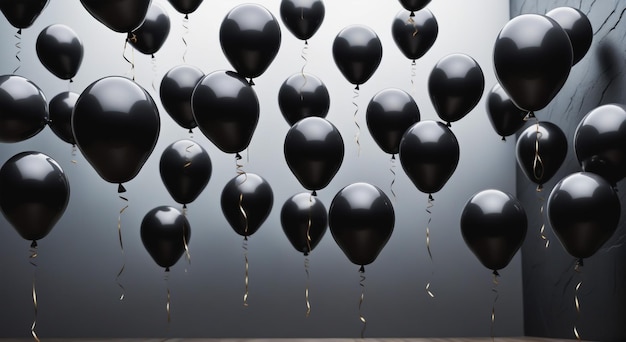 Zwarte ballonnen zweven in de lucht tegenover zwarte leisteen