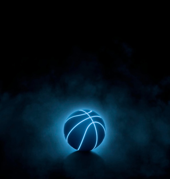 zwarte basketbal met helderblauwe gloeiende neonlijnen op zwarte achtergrond met rook
