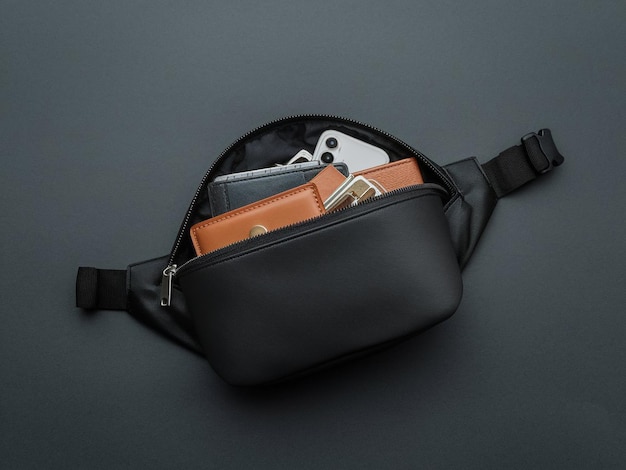 Zwarte blank Fanny pack mockupEco vriendelijk stijlvol trendy Tail pack Zippered Fanny Pack plat liggen