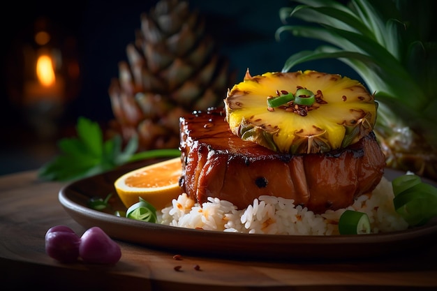 Zwarte bord gevuld met vlees in Hawaïaanse stijl een stuk sappig gebakken vlees met ananas er bovenop