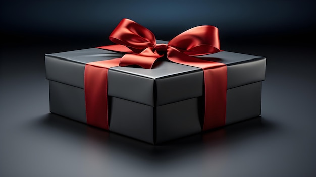 Zwarte cadeau doos met een rode 3D boog op een zwarte achtergrond Geschenk en Black Friday verkoop Generatieve ai