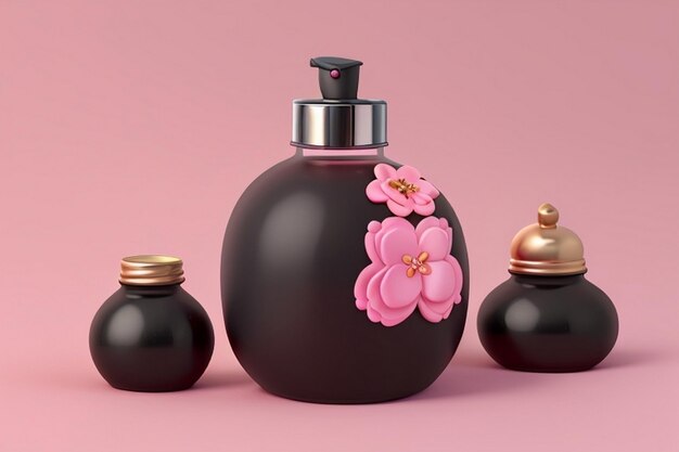 Foto zwarte cosmetische fles en pot met decoratie op roze achtergrond