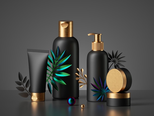 Zwarte cosmetische flessen met gouden doppen