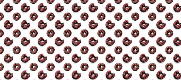 Zwarte donuts met rood glazuur op witte achtergrond naadloos patroon bovenaanzicht Eten dessert vlak plat leggen van heerlijke zoete hapjes chocolade donuts banner