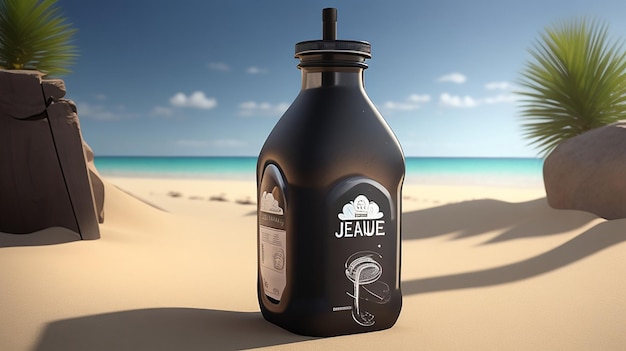 Zwarte drankcontainer label 3D-rendering op strand achtergrond